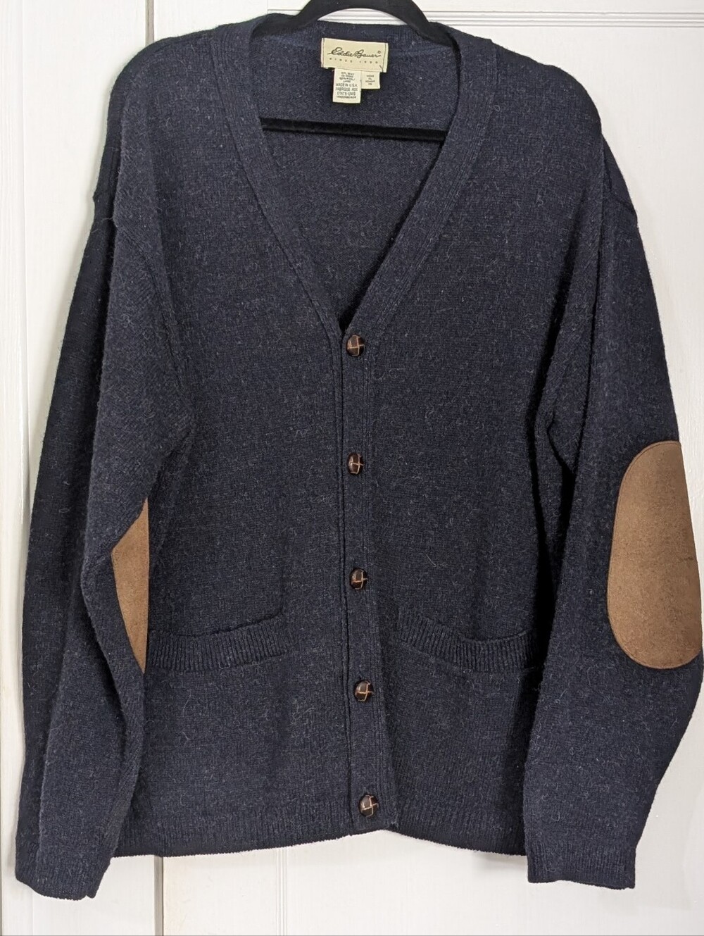 VTG Eddie Bauer 100% Wool Dark Navy Blue Elbow Patch Cardigan Sweater Men's XL